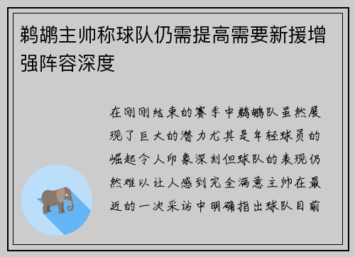 鹈鹕主帅称球队仍需提高需要新援增强阵容深度