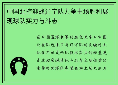 中国北控迎战辽宁队力争主场胜利展现球队实力与斗志